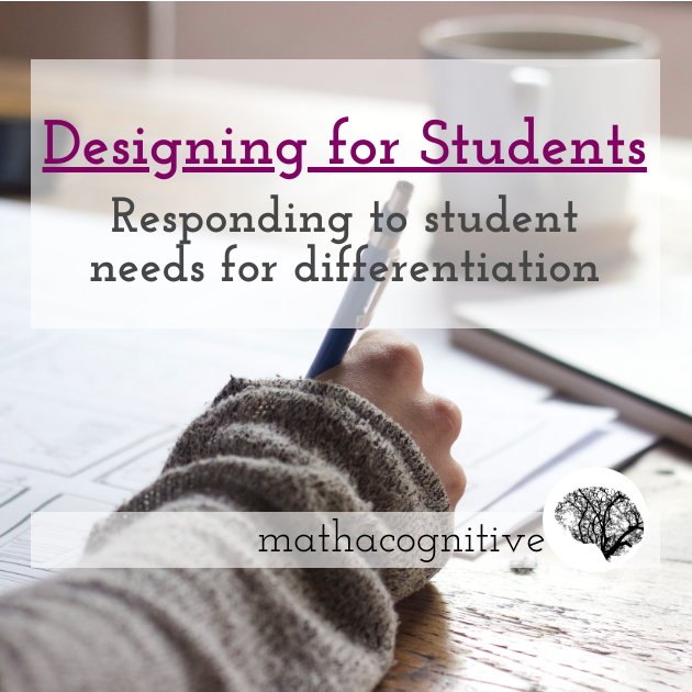 Picture of a hand writing with a pen on paper. 
Text: Designing for Students: reponding to student needs for differentiation. 