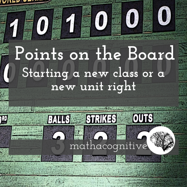 Text:  Points on the board. Starting a new class or a new unit right.  Mathacognitive. 

Image of a vintage scoreboard. 

Planning for the first day of a new school year or new term