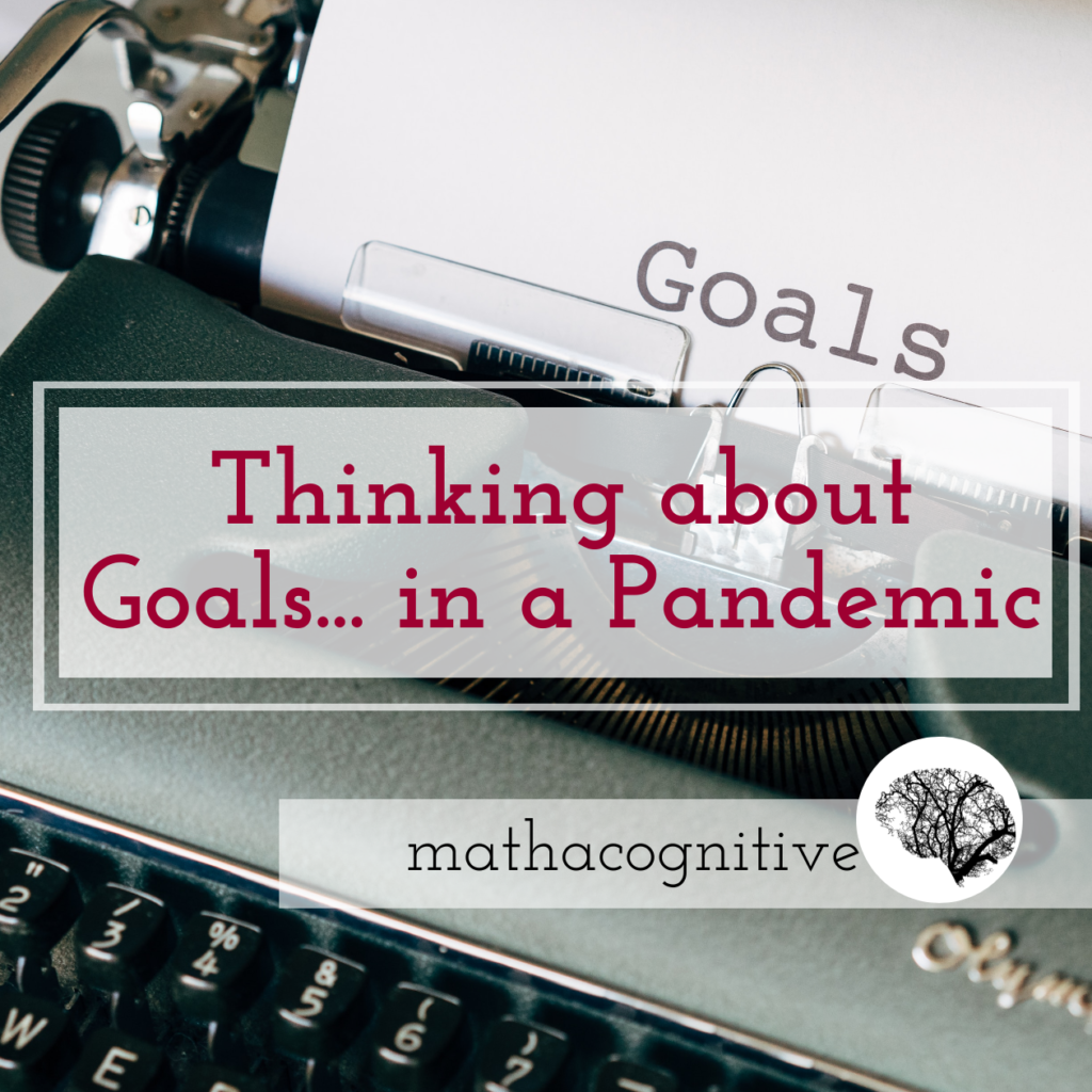 Image of a typewriter with the world 'Goals' on a piece of paper. 
Text: "Thinking about Goals.. in a Pandemic" Mathacognitive